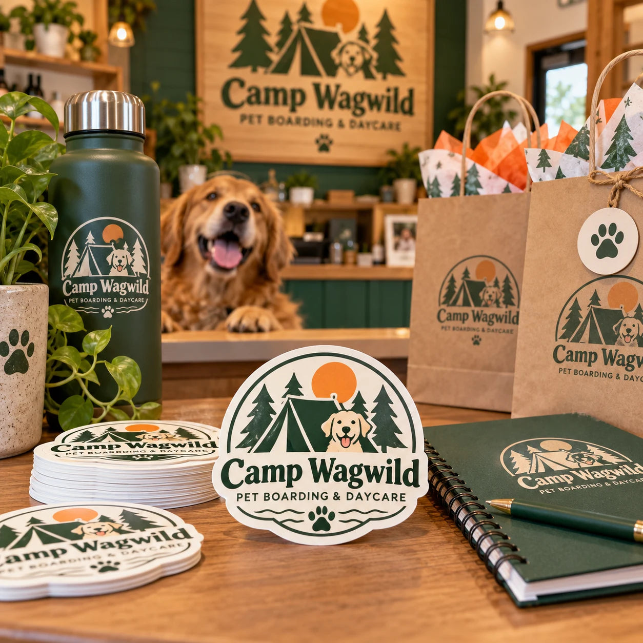 Camp Wagwild fictional example storefront with custom lettering and stickers