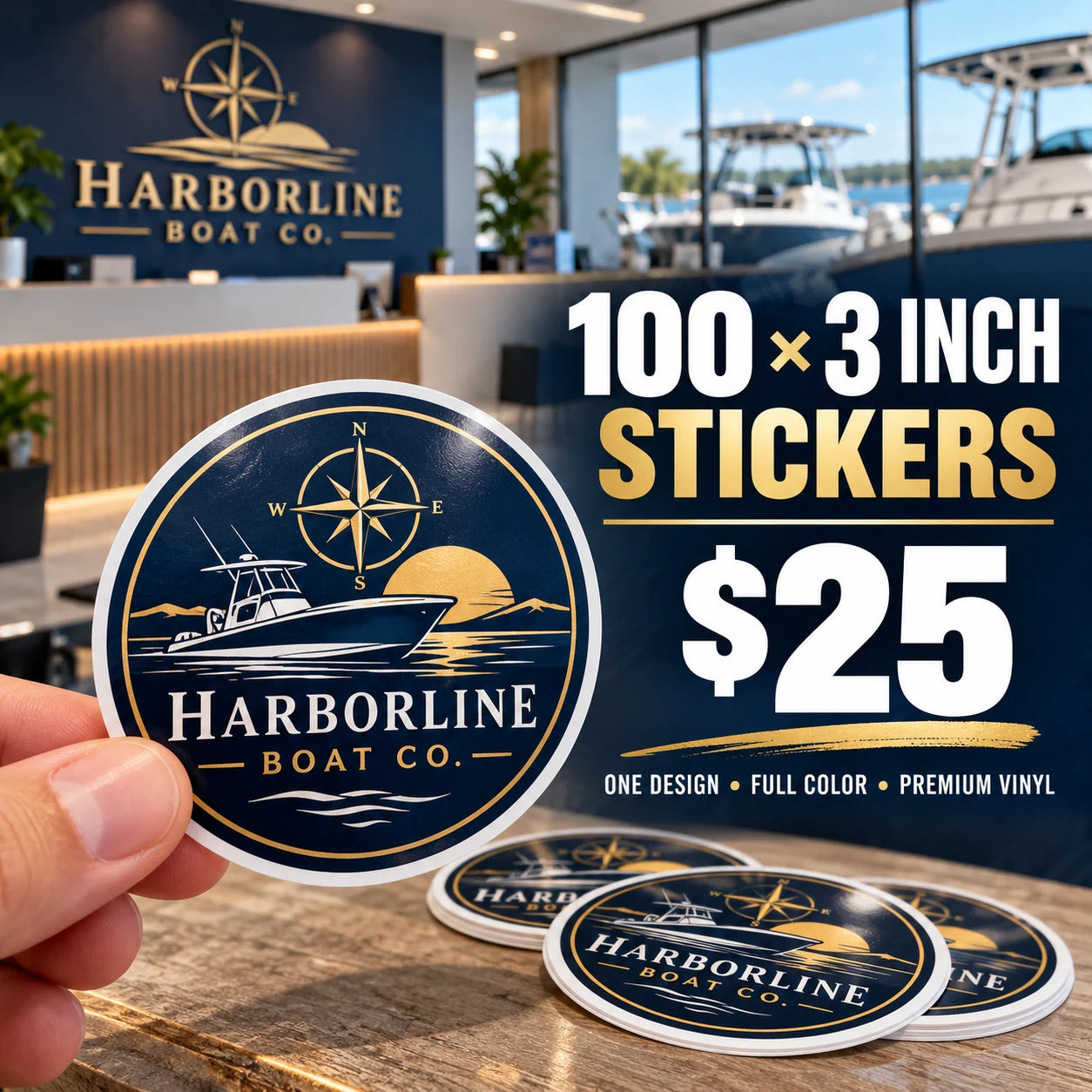 Harborline Boat Co. fictional example: 100 custom 3 inch stickers for $25