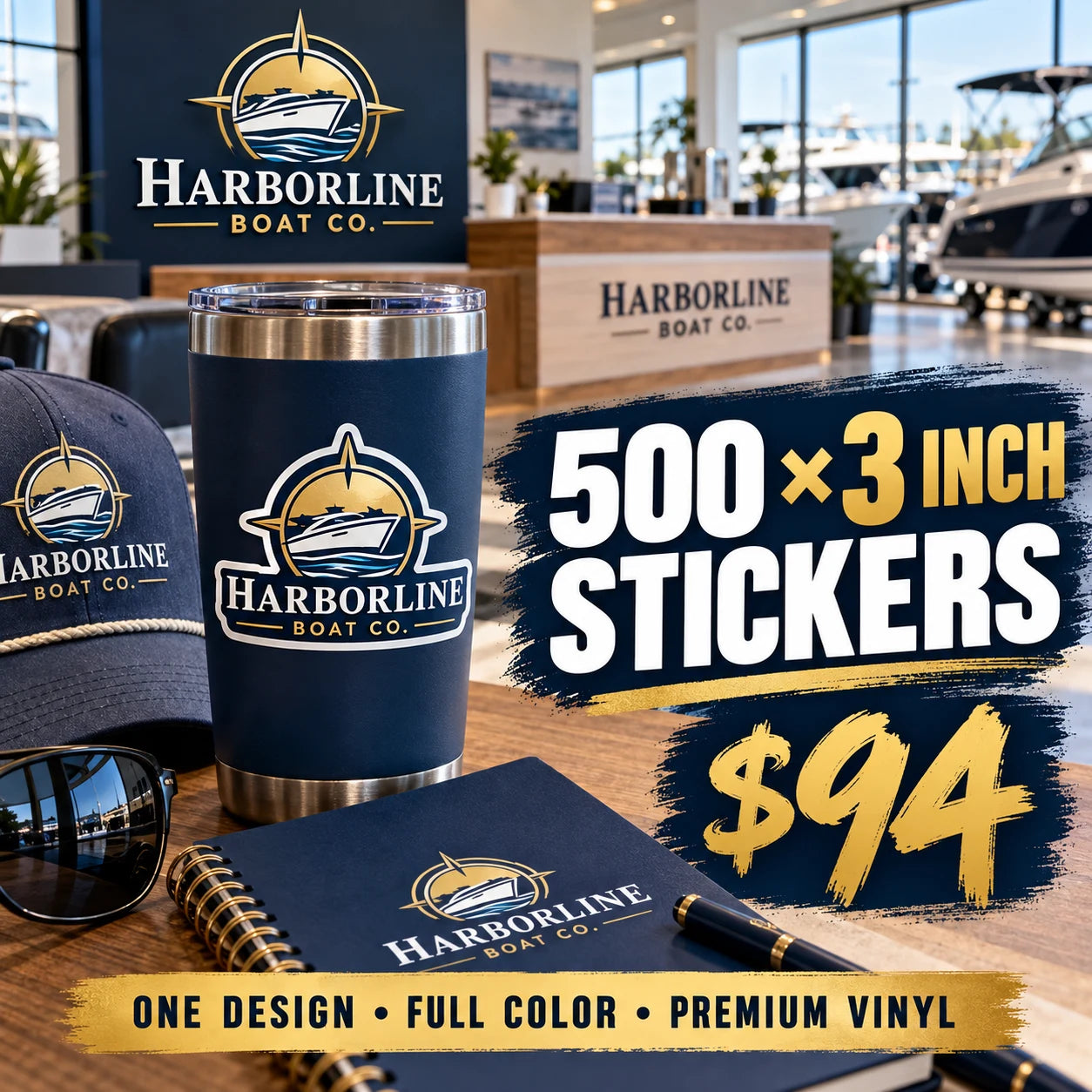Harborline Boat Co. fictional example: 500 custom 3 inch stickers for $94