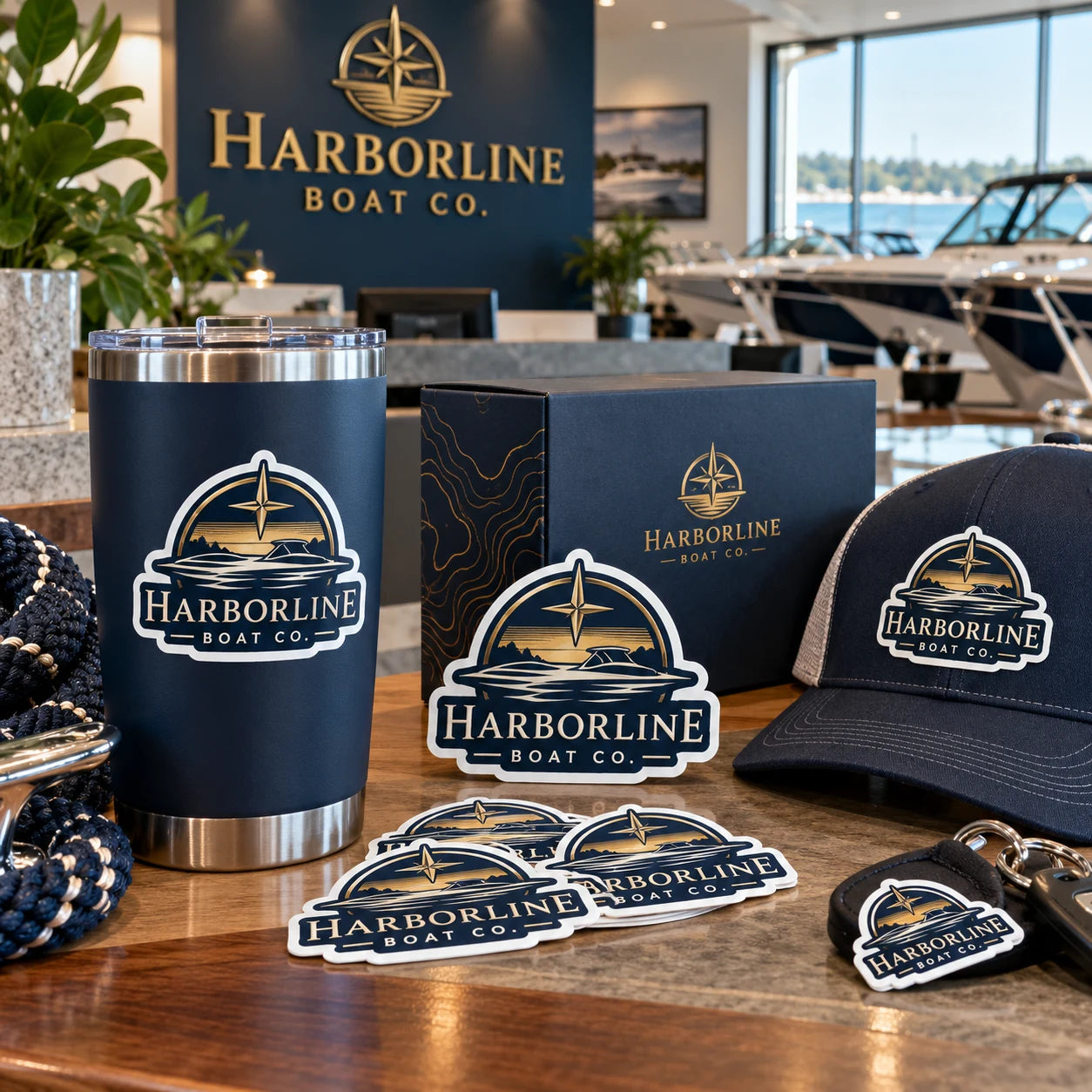 Harborline Boat Co. fictional example storefront with custom lettering and stickers