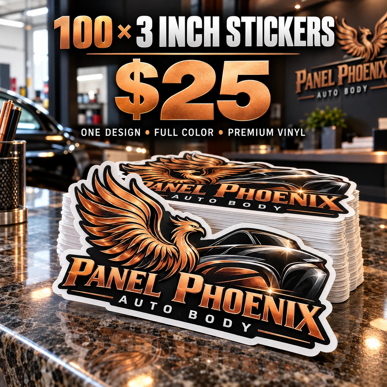 Panel Phoenix Auto Body fictional example: 100 custom 3 inch stickers for $25