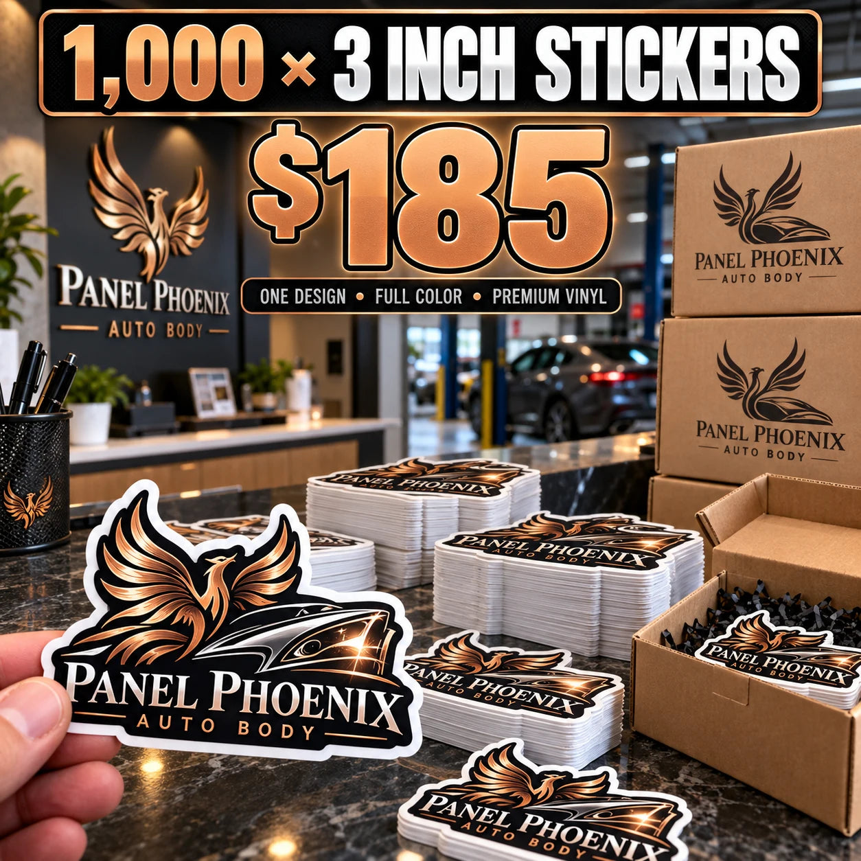 Panel Phoenix Auto Body fictional example: 1000 custom 3 inch stickers for $185
