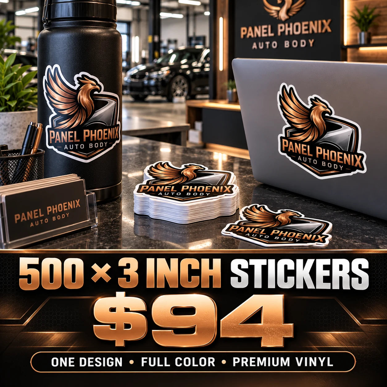 Panel Phoenix Auto Body fictional example: 500 custom 3 inch stickers for $94
