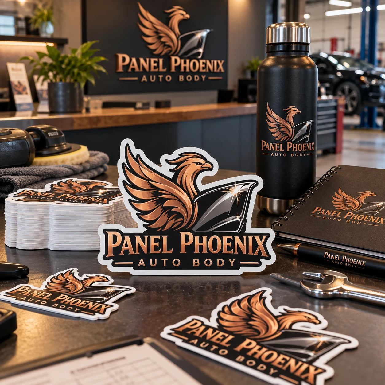 Panel Phoenix Auto Body fictional example storefront with custom lettering and stickers
