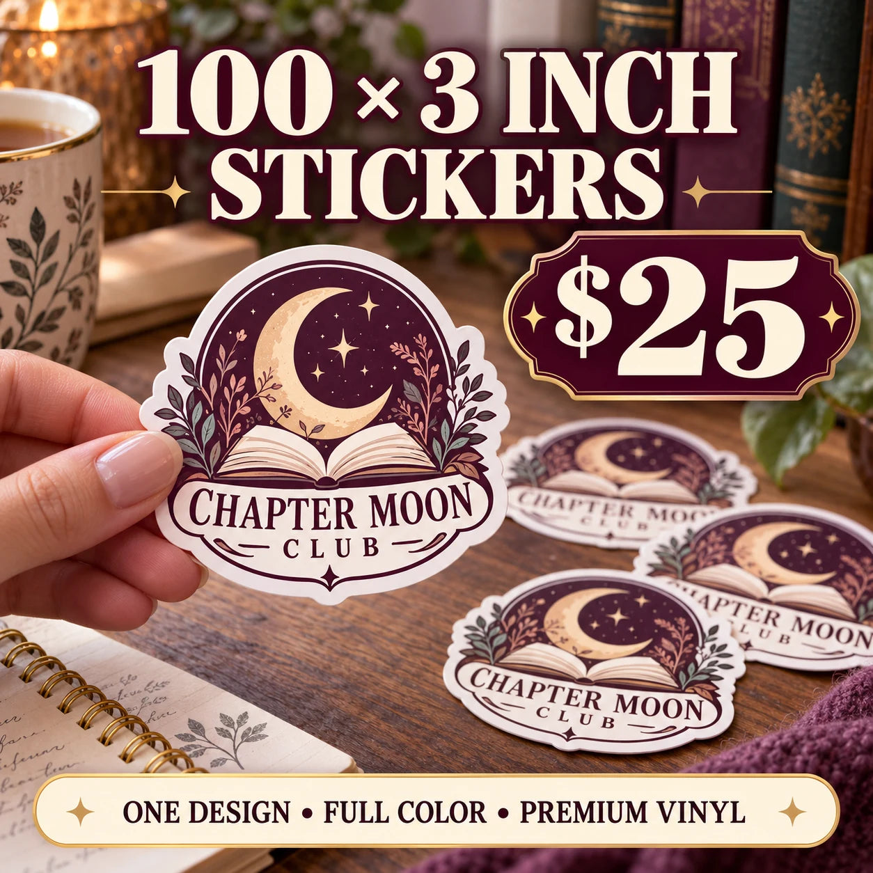 Chapter Moon Club fictional example: 100 custom 3 inch stickers for $25
