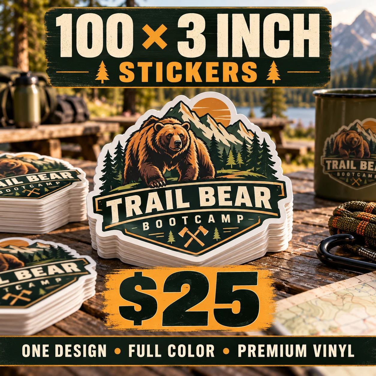 Trail Bear Bootcamp fictional example: 100 custom 3 inch stickers for $25