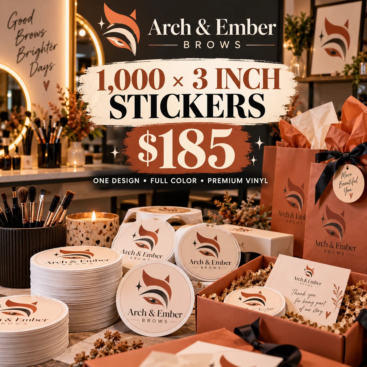Arch & Ember Brows fictional example: 1000 custom 3 inch stickers for $185