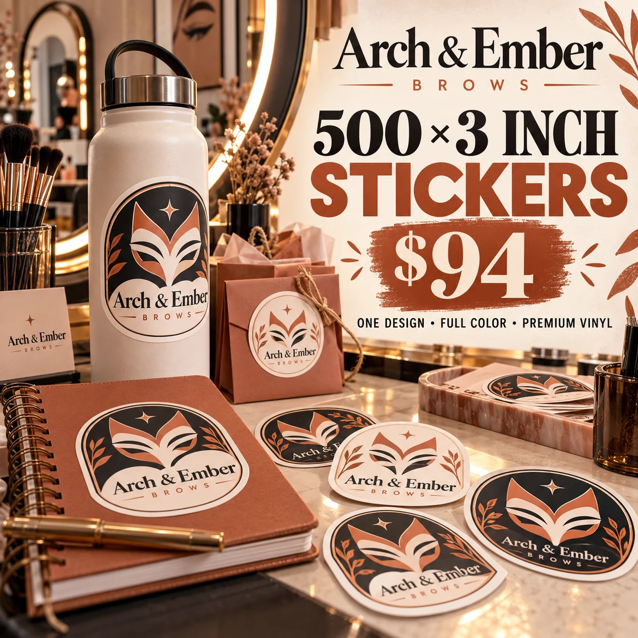 Arch & Ember Brows fictional example: 500 custom 3 inch stickers for $94