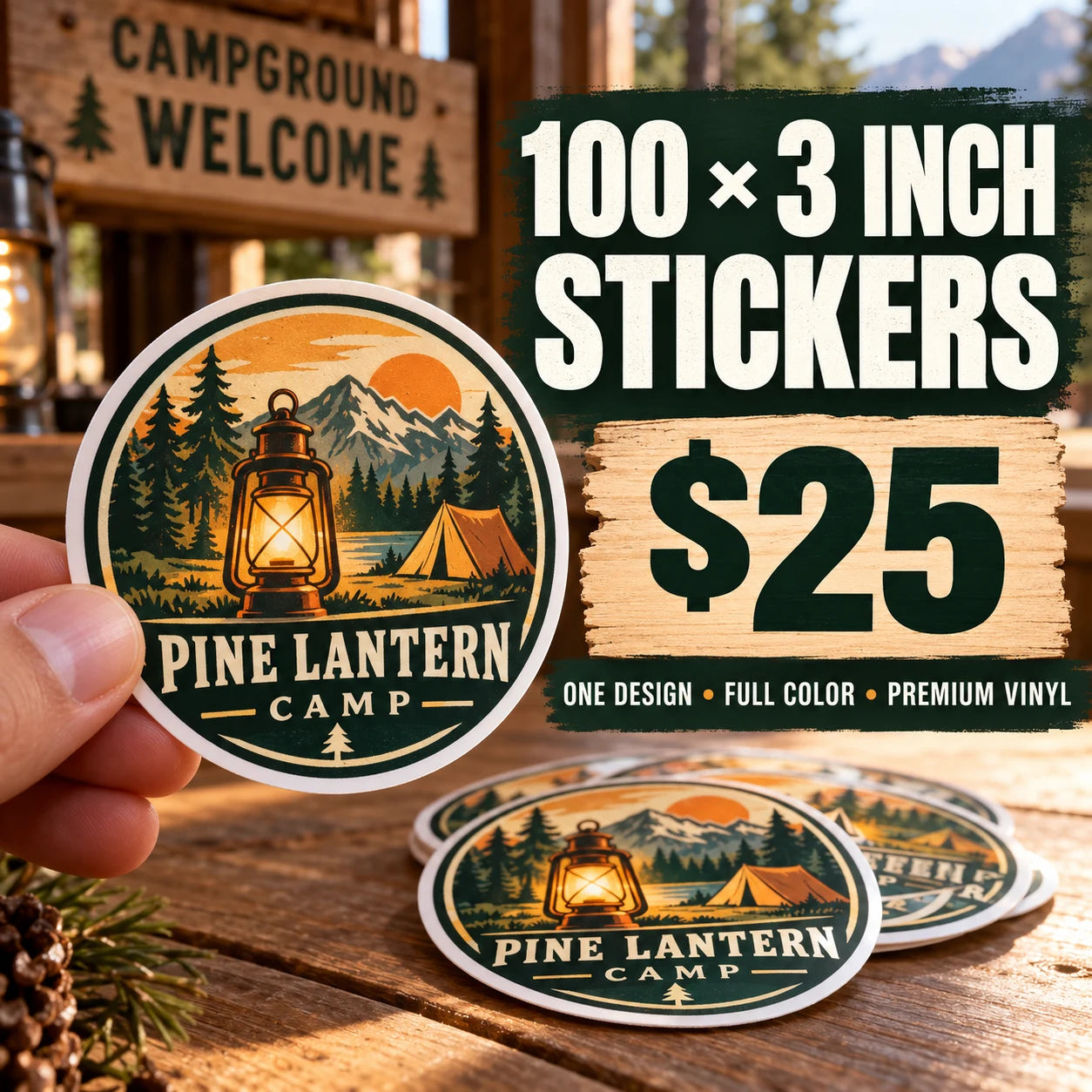 Pine Lantern Camp fictional example: 100 custom 3 inch stickers for $25