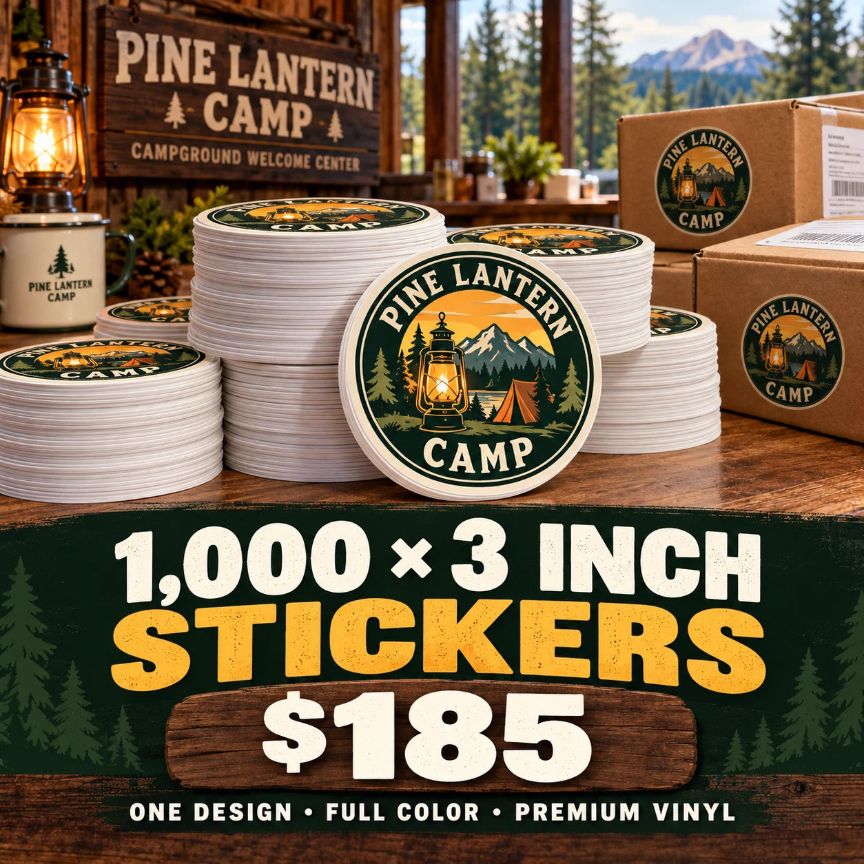 Pine Lantern Camp fictional example: 1000 custom 3 inch stickers for $185