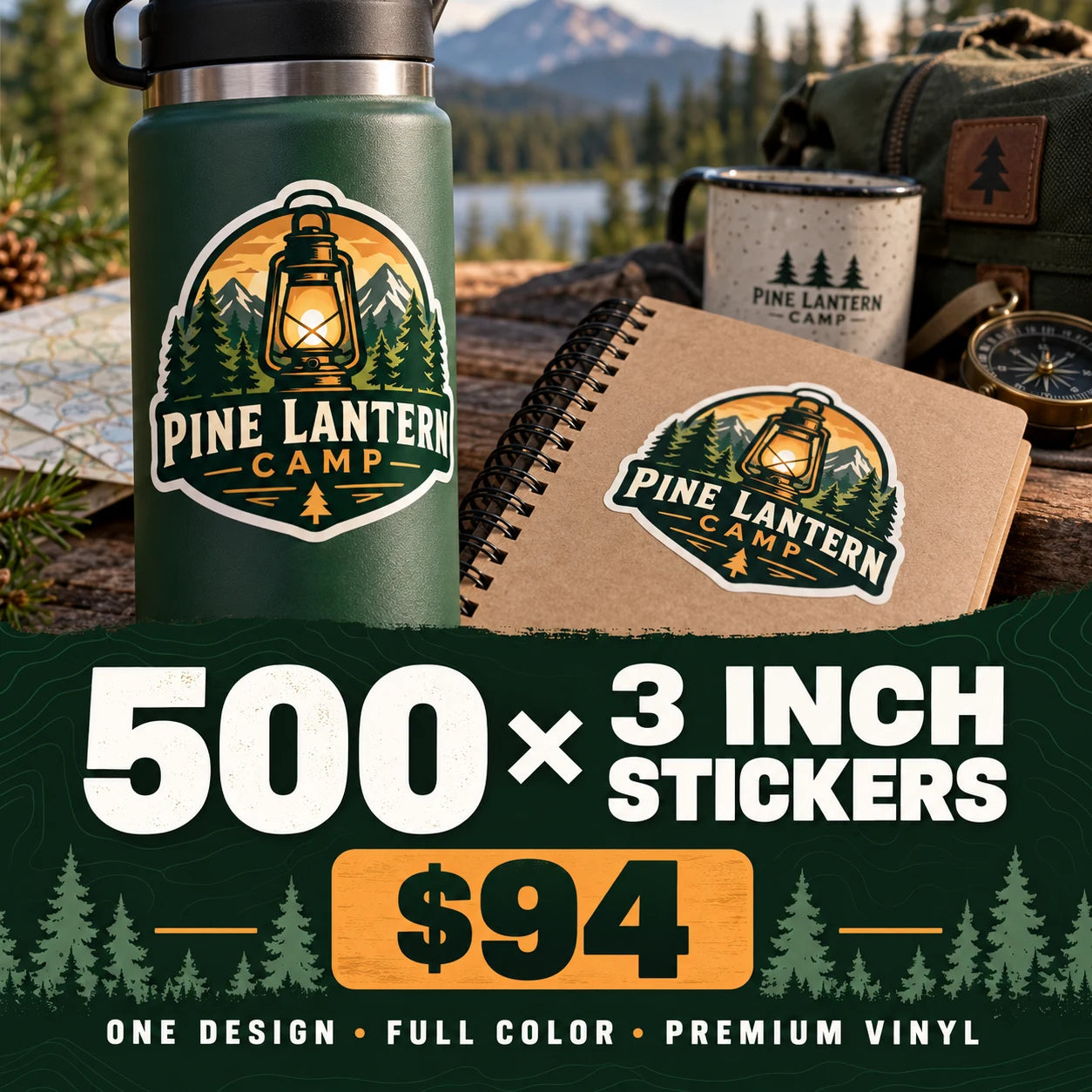 Pine Lantern Camp fictional example: 500 custom 3 inch stickers for $94