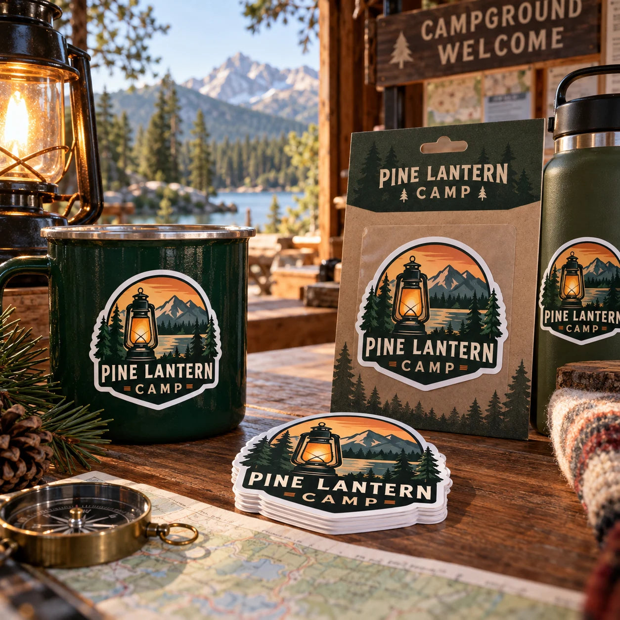 Pine Lantern Camp fictional example storefront with custom lettering and stickers