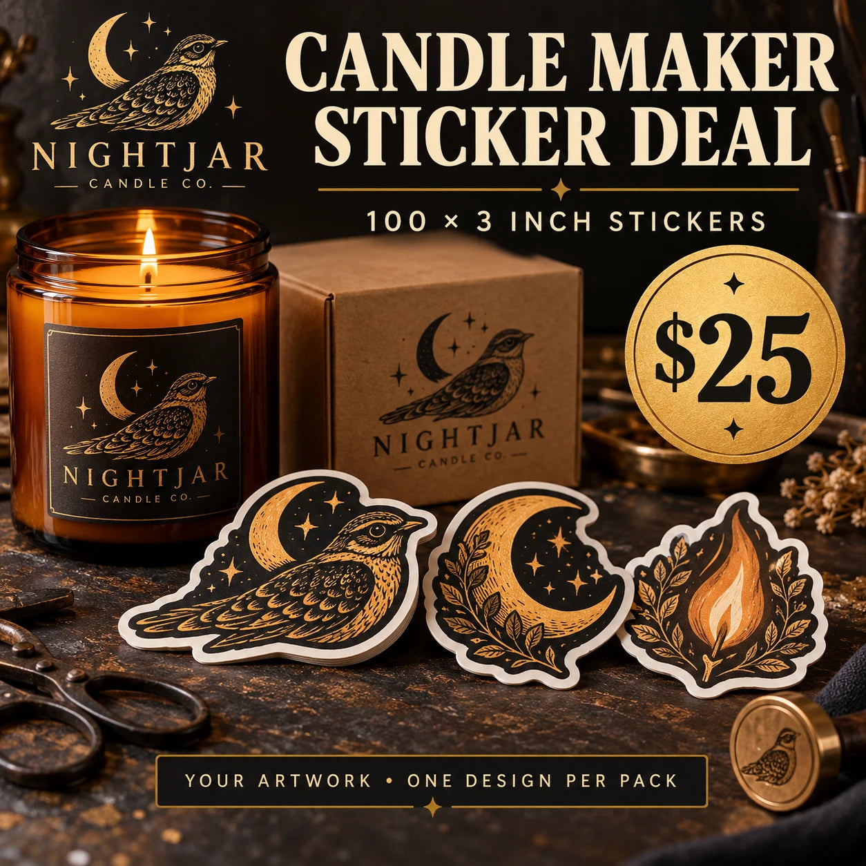 Nightjar Candle Co. fictional example: 100 custom 3 inch stickers for $25