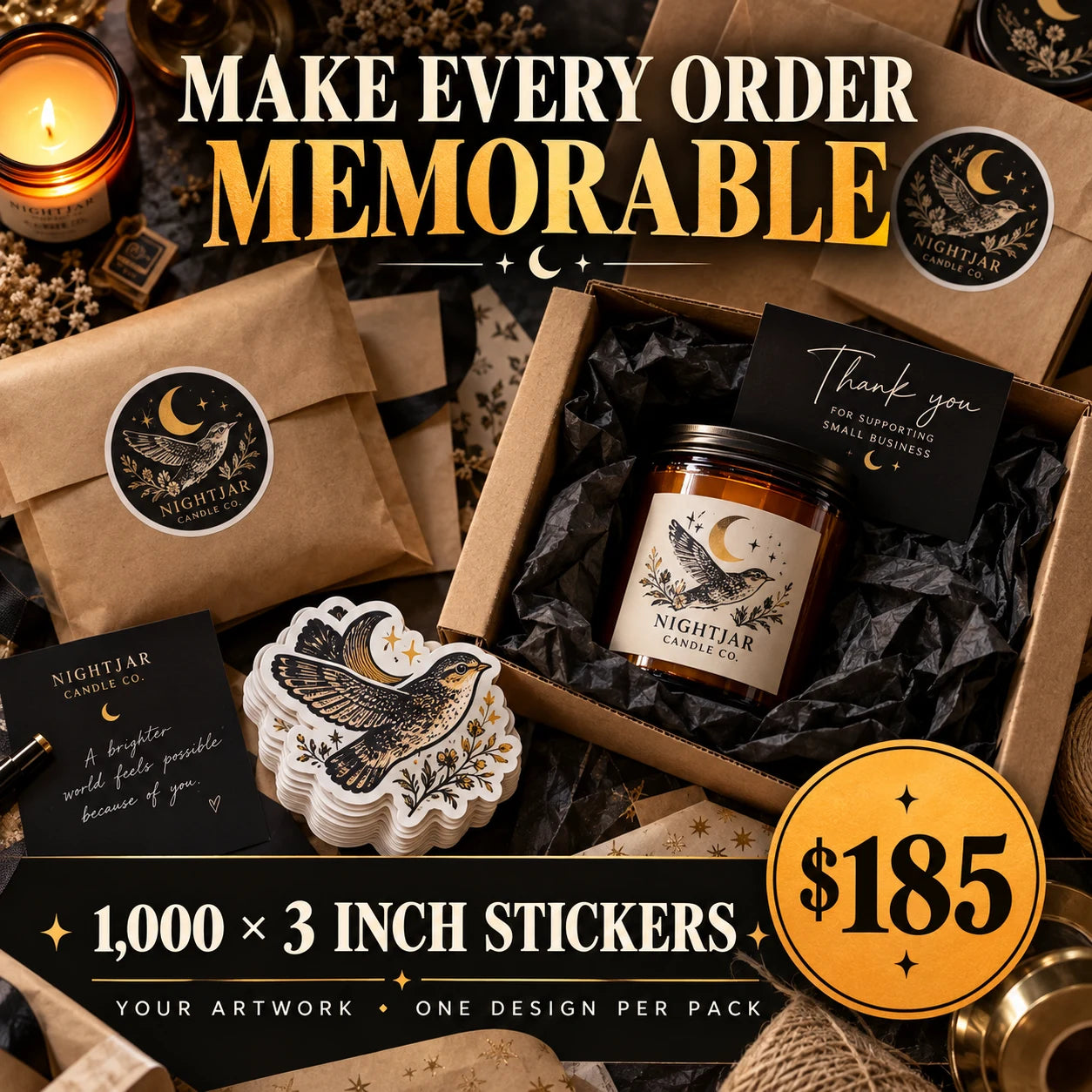 Nightjar Candle Co. fictional packaging and sticker ideas