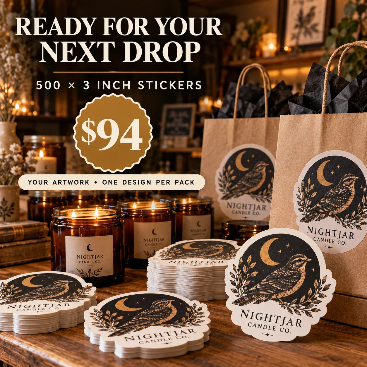 Nightjar Candle Co. fictional example: 500 custom 3 inch stickers for $94
