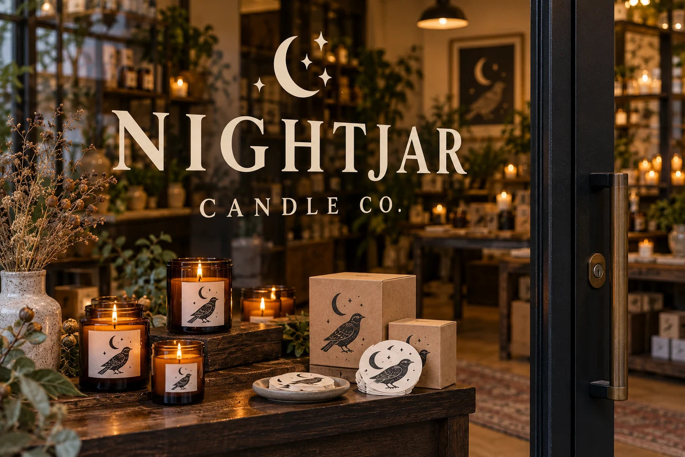 Nightjar Candle Co. fictional example storefront with custom lettering and stickers