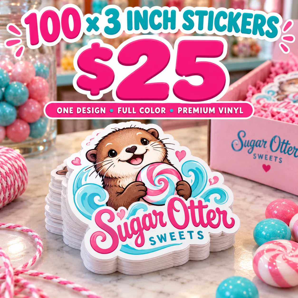 Sugar Otter Sweets fictional example: 100 custom 3 inch stickers for $25