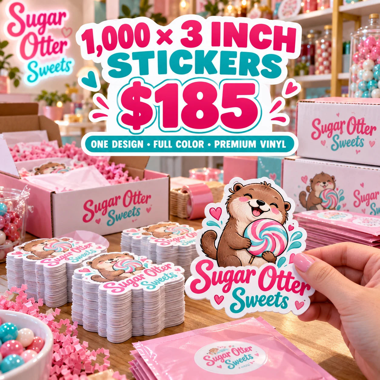 Sugar Otter Sweets fictional example: 1000 custom 3 inch stickers for $185