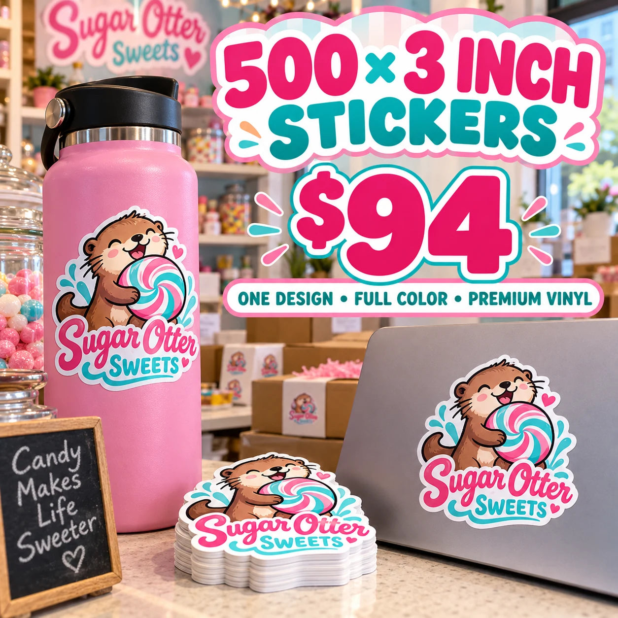 Sugar Otter Sweets fictional example: 500 custom 3 inch stickers for $94