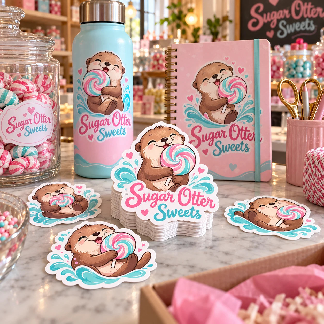 Sugar Otter Sweets fictional example storefront with custom lettering and stickers