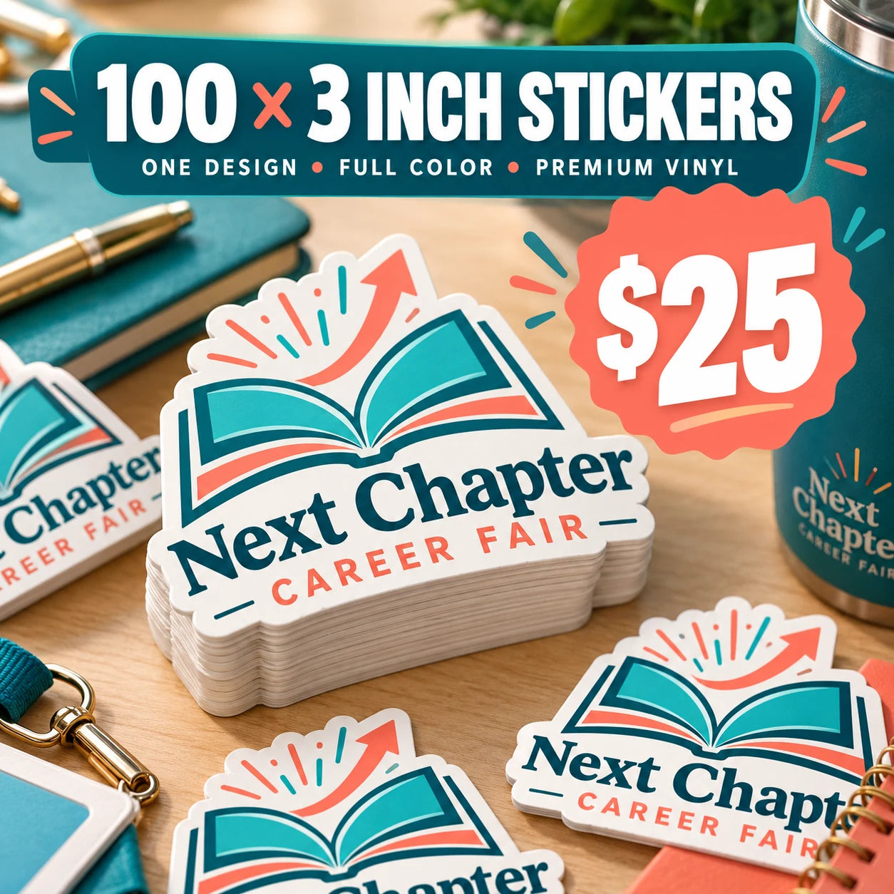Next Chapter Career Fair fictional example: 100 custom 3 inch stickers for $25