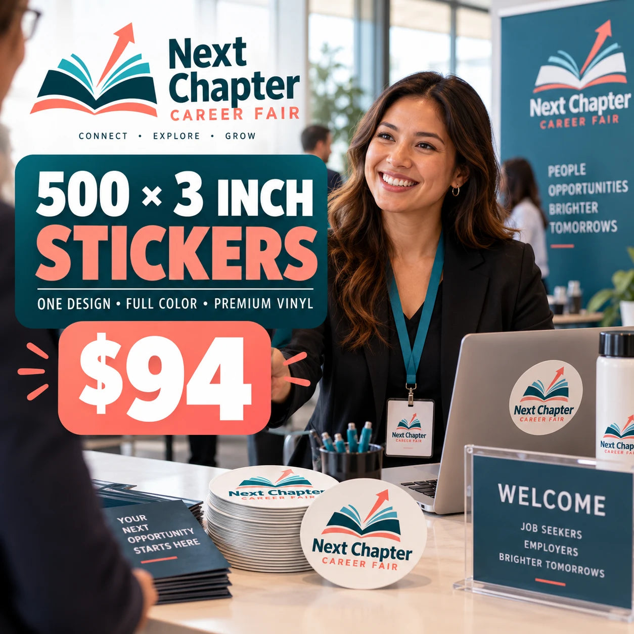 Next Chapter Career Fair fictional example: 500 custom 3 inch stickers for $94