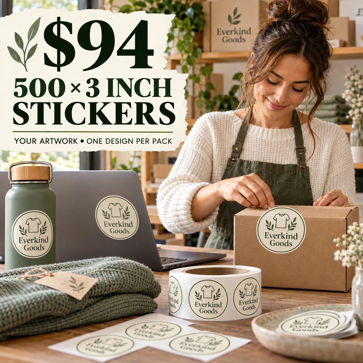 Everkind Goods fictional example: 500 custom 3 inch stickers for $94