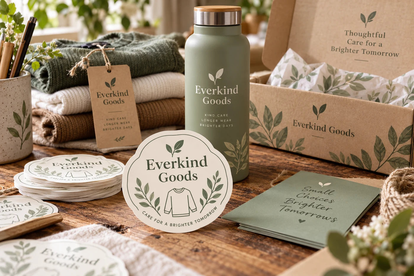 Everkind Goods fictional example storefront with custom lettering and stickers