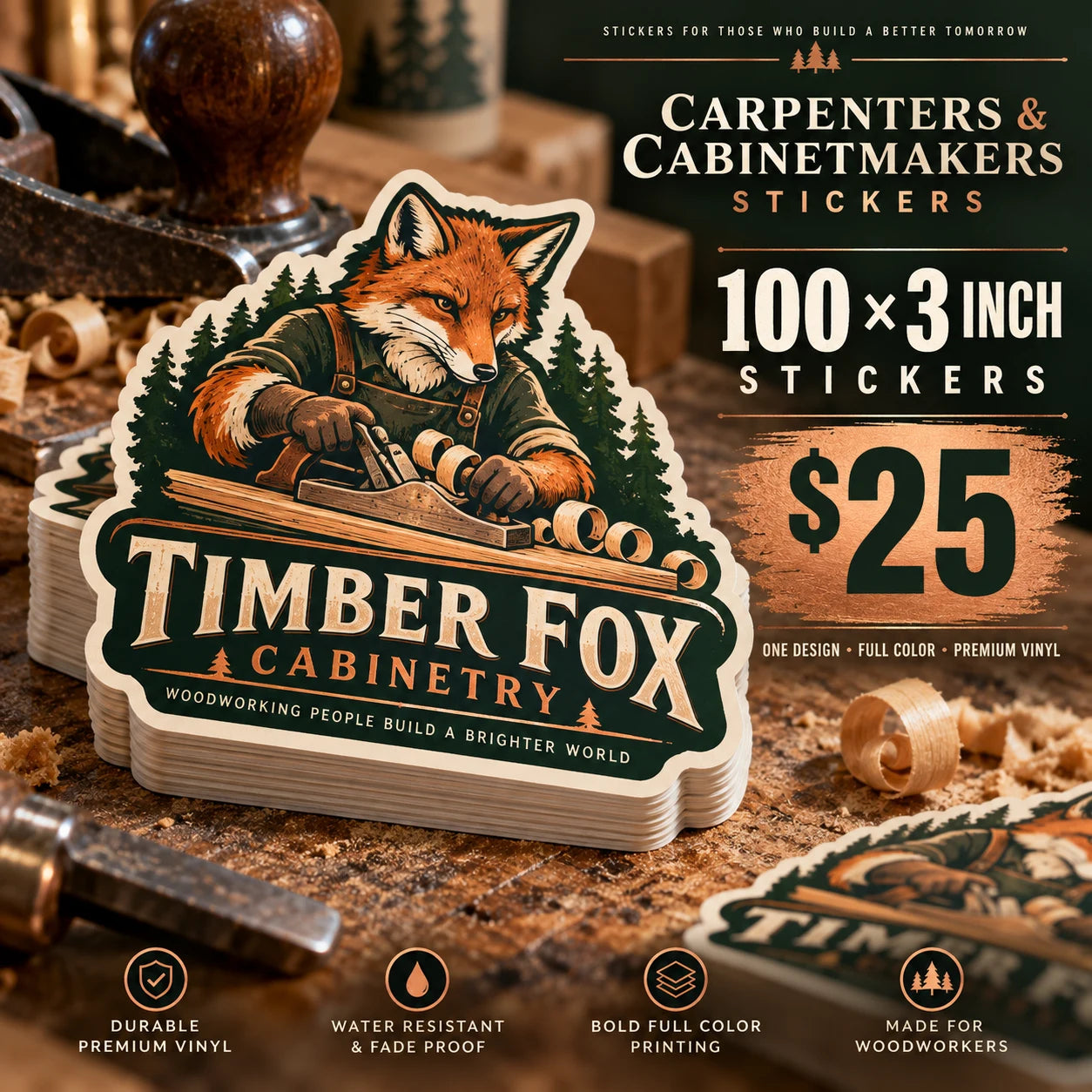 Timber Fox Cabinetry fictional example: 100 custom 3 inch stickers for $25