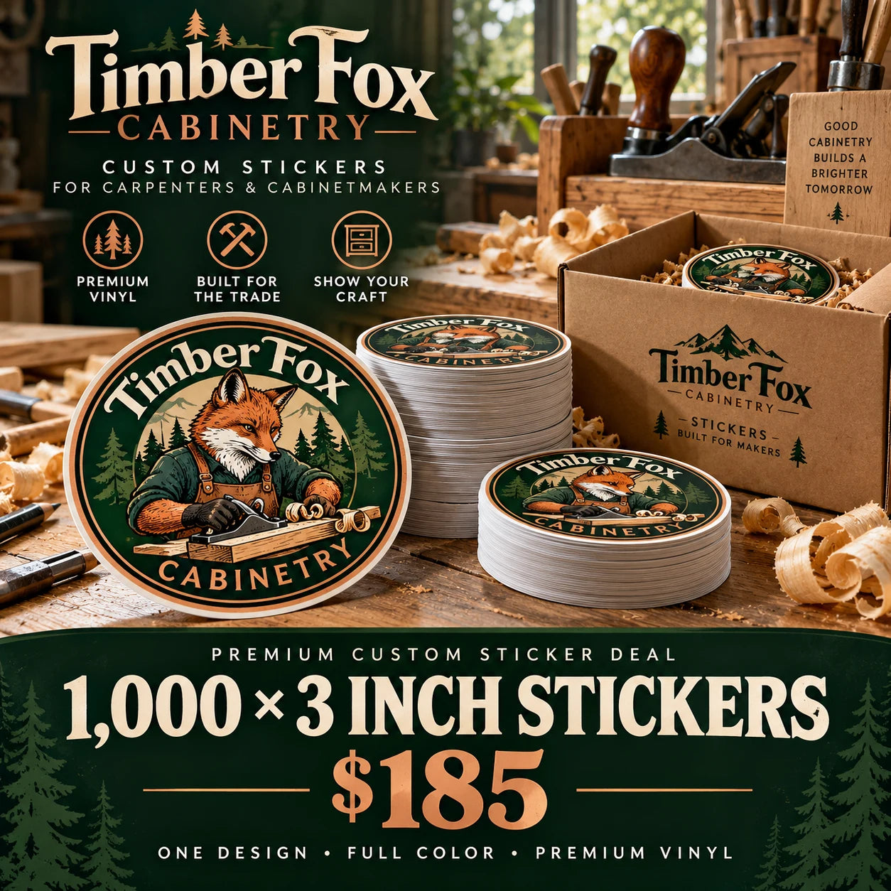 Timber Fox Cabinetry fictional example: 1000 custom 3 inch stickers for $185