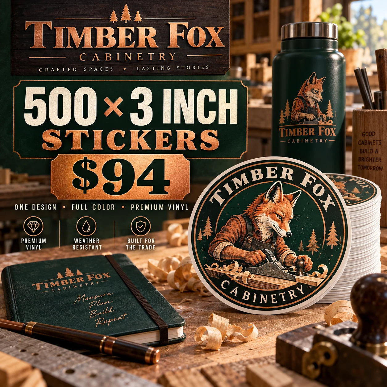 Timber Fox Cabinetry fictional example: 500 custom 3 inch stickers for $94