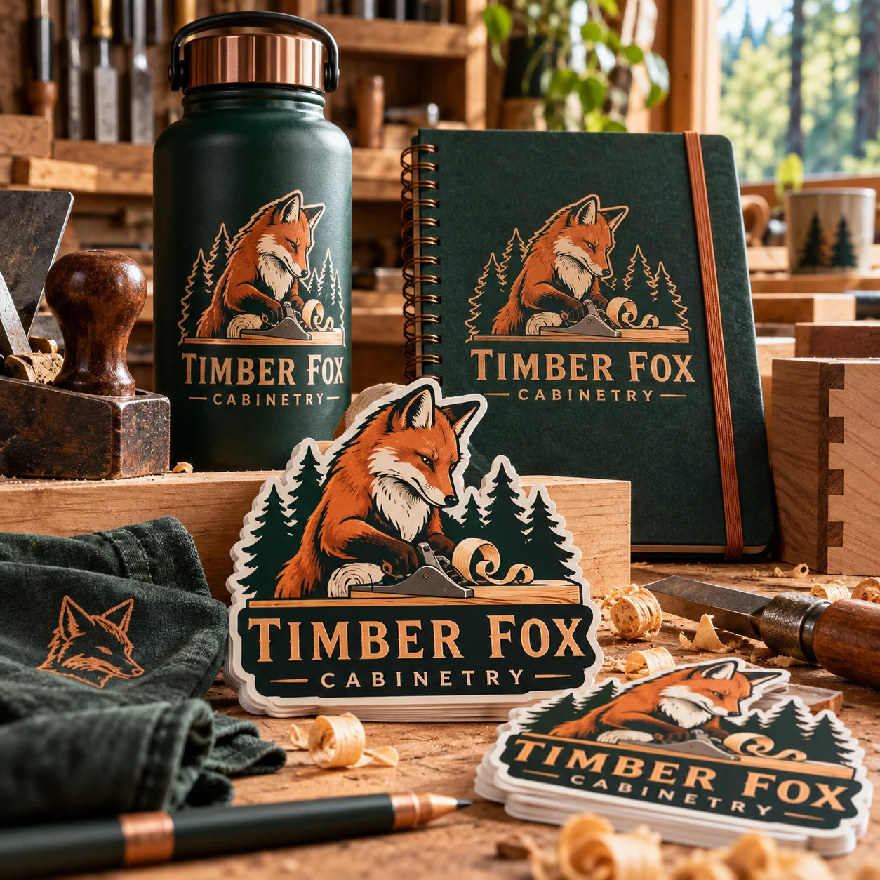 Timber Fox Cabinetry fictional example storefront with custom lettering and stickers