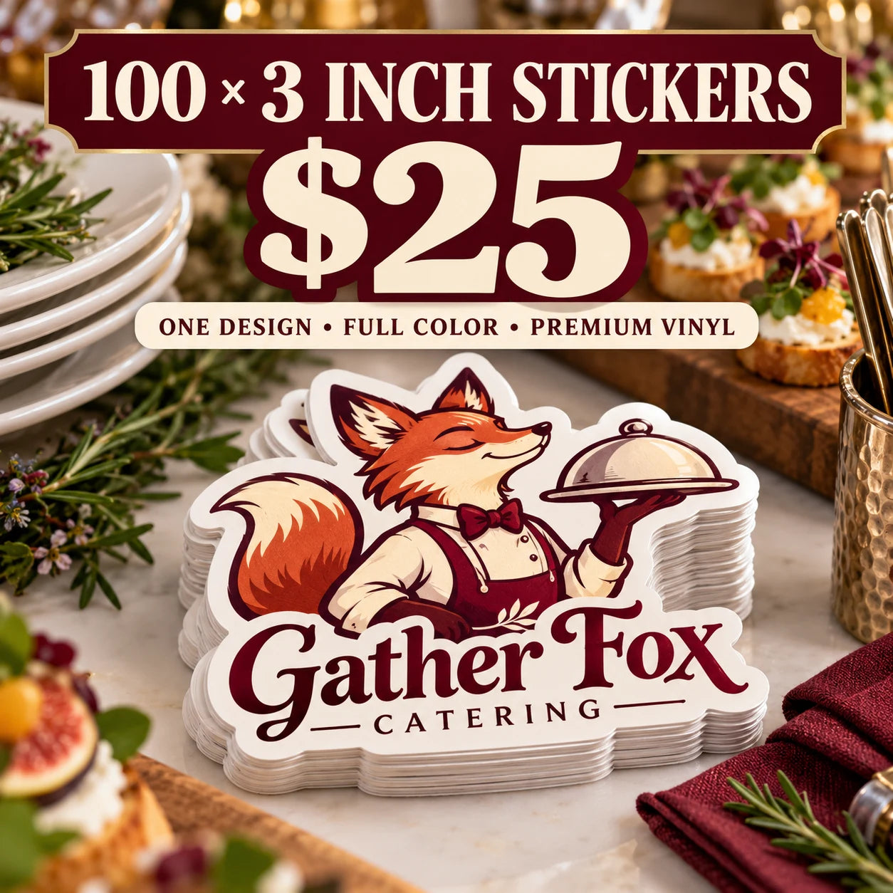 Gather Fox Catering fictional example: 100 custom 3 inch stickers for $25