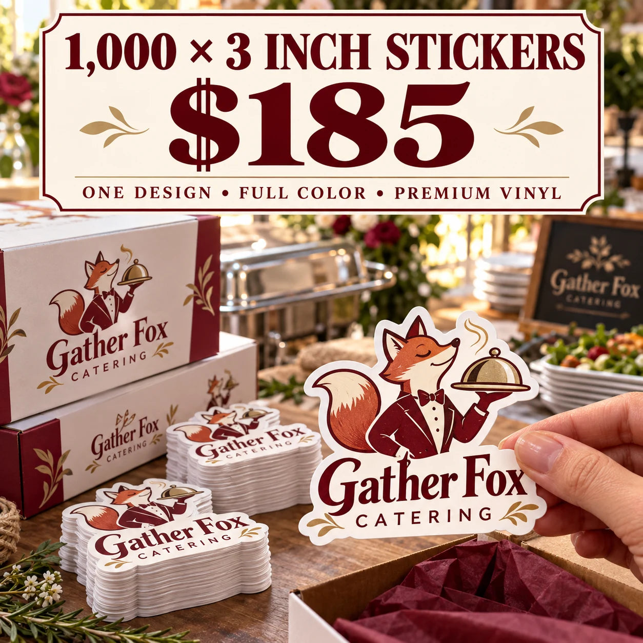 Gather Fox Catering fictional example: 1000 custom 3 inch stickers for $185