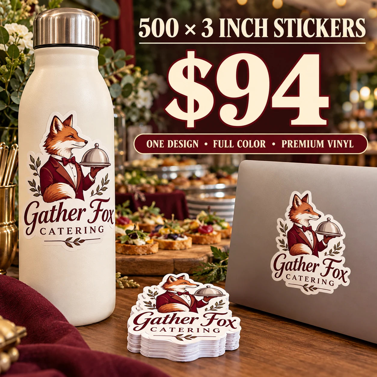 Gather Fox Catering fictional example: 500 custom 3 inch stickers for $94