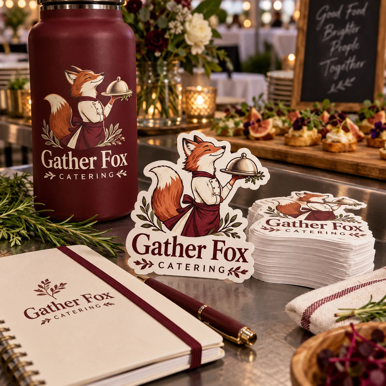 Gather Fox Catering fictional example storefront with custom lettering and stickers