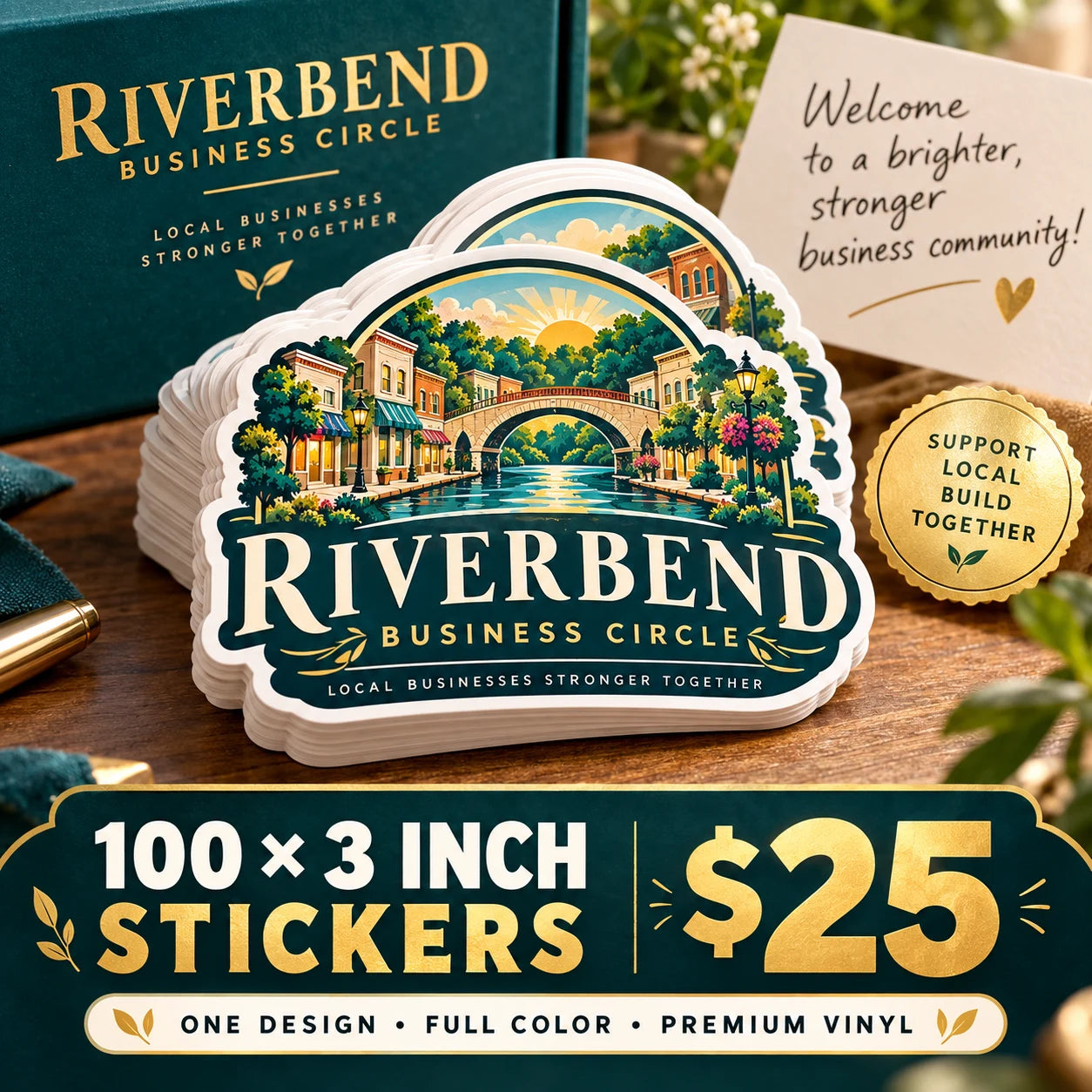 Riverbend Business Circle fictional example: 100 custom 3 inch stickers for $25