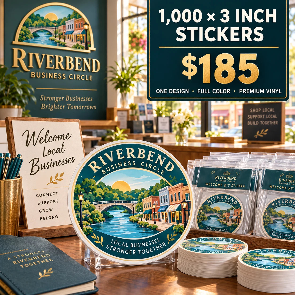 Riverbend Business Circle fictional example: 1000 custom 3 inch stickers for $185