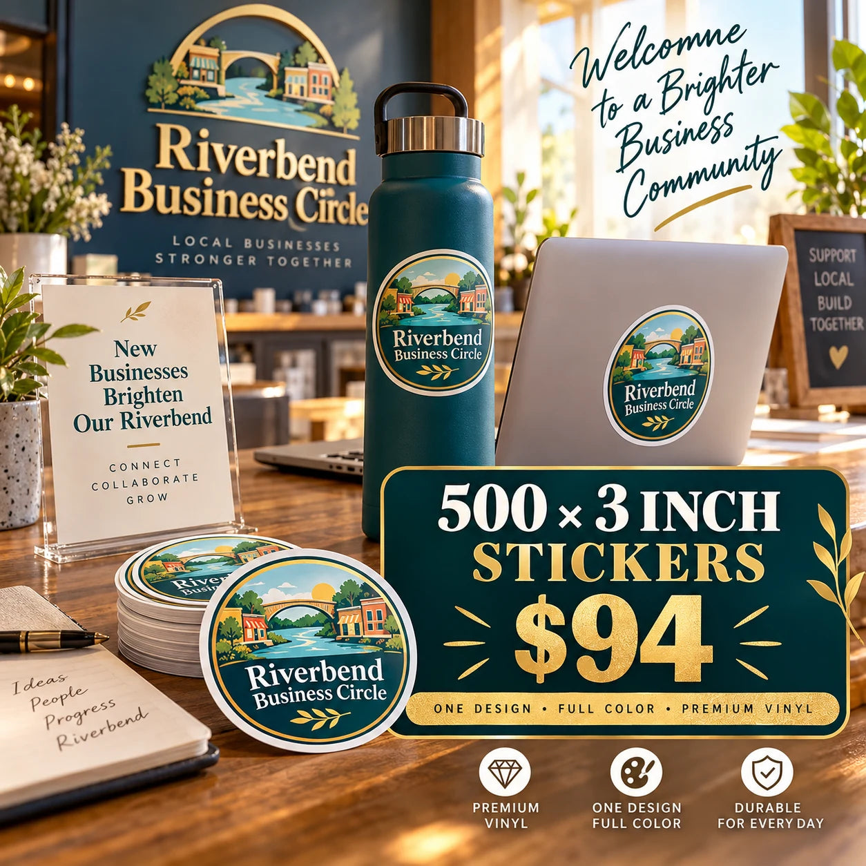 Riverbend Business Circle fictional example: 500 custom 3 inch stickers for $94
