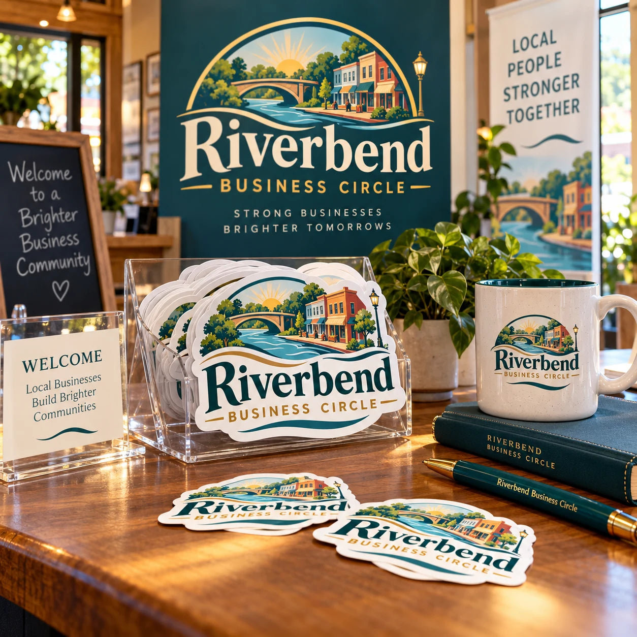 Riverbend Business Circle fictional example storefront with custom lettering and stickers