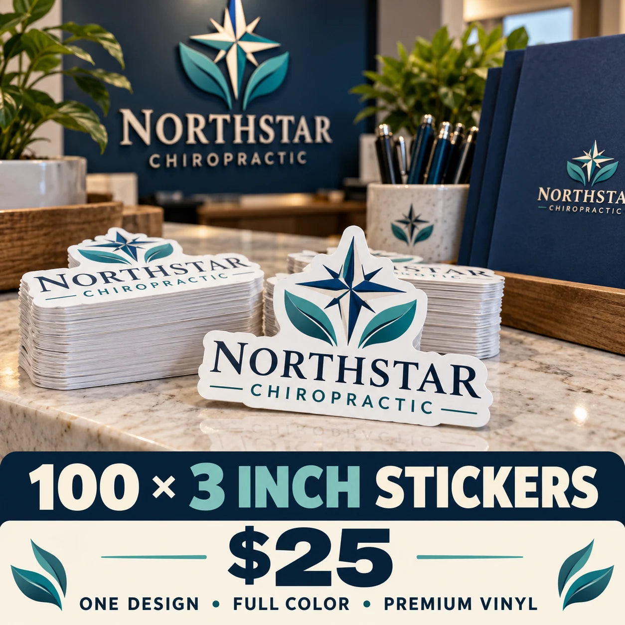 Northstar Chiropractic fictional example: 100 custom 3 inch stickers for $25