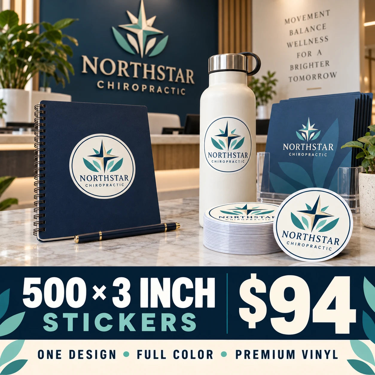 Northstar Chiropractic fictional example: 500 custom 3 inch stickers for $94