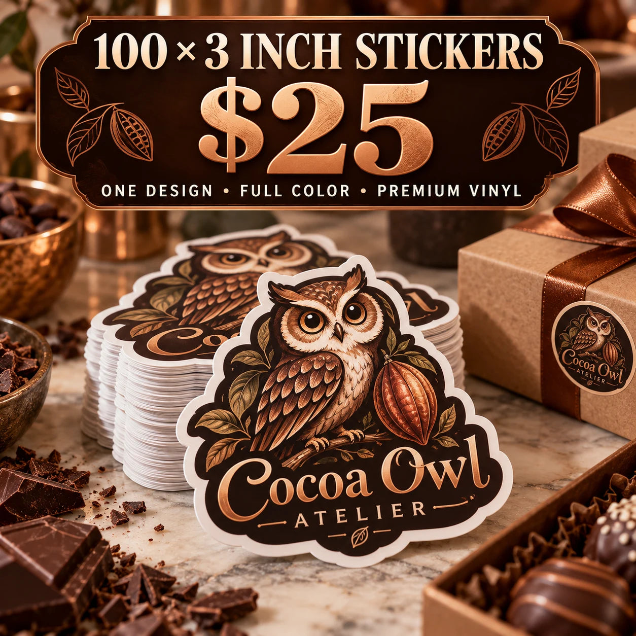 Cocoa Owl Atelier fictional example: 100 custom 3 inch stickers for $25