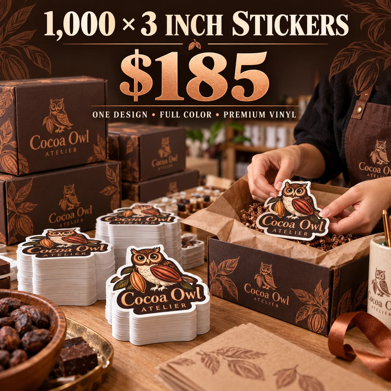 Cocoa Owl Atelier fictional example: 1000 custom 3 inch stickers for $185