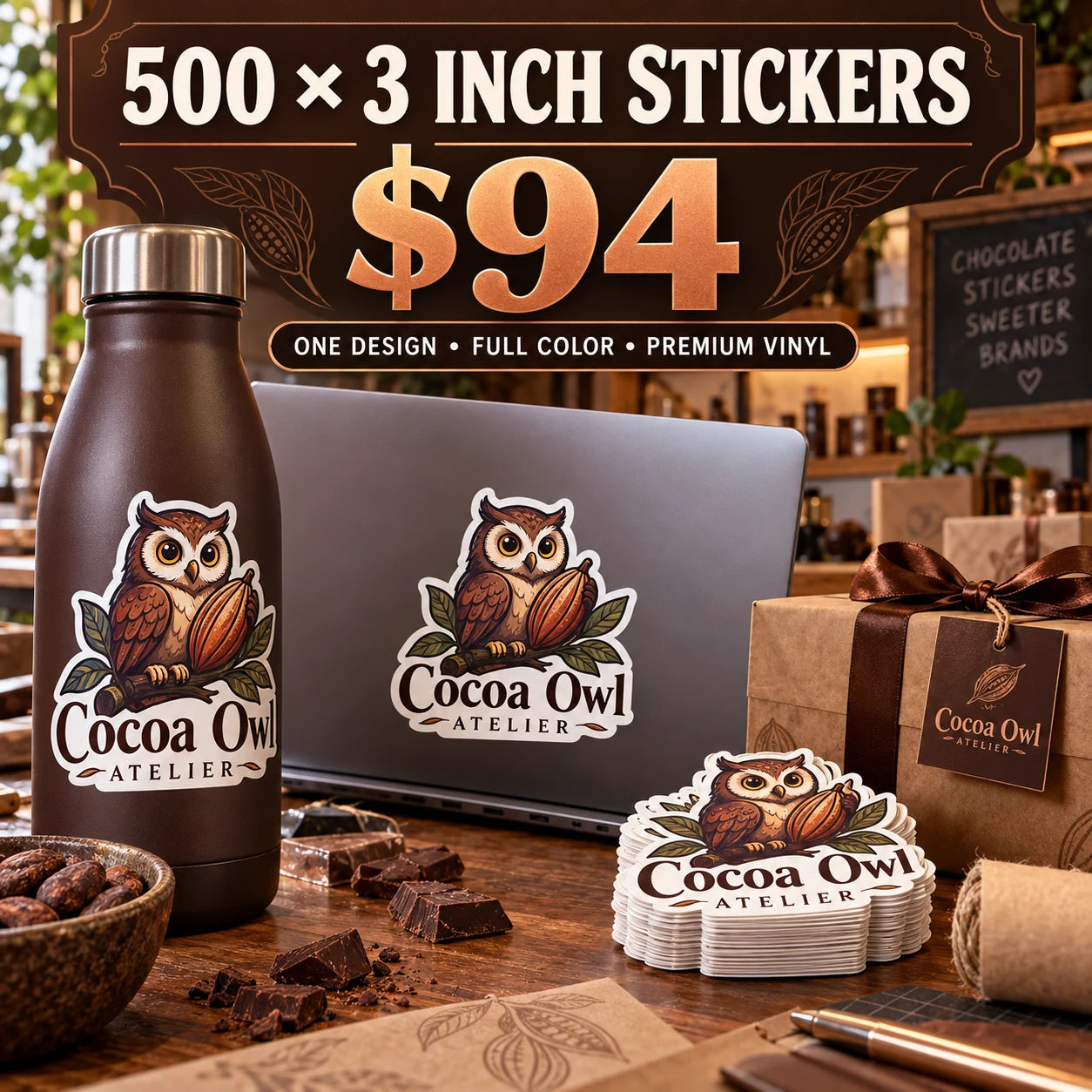 Cocoa Owl Atelier fictional example: 500 custom 3 inch stickers for $94