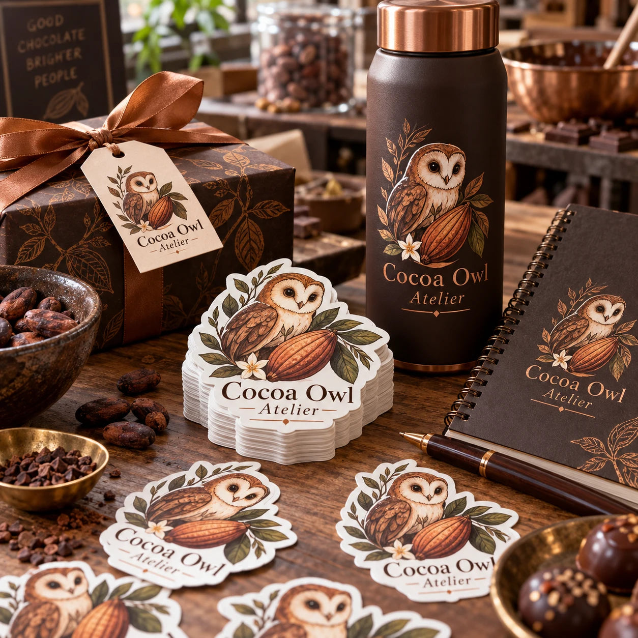 Cocoa Owl Atelier fictional example storefront with custom lettering and stickers