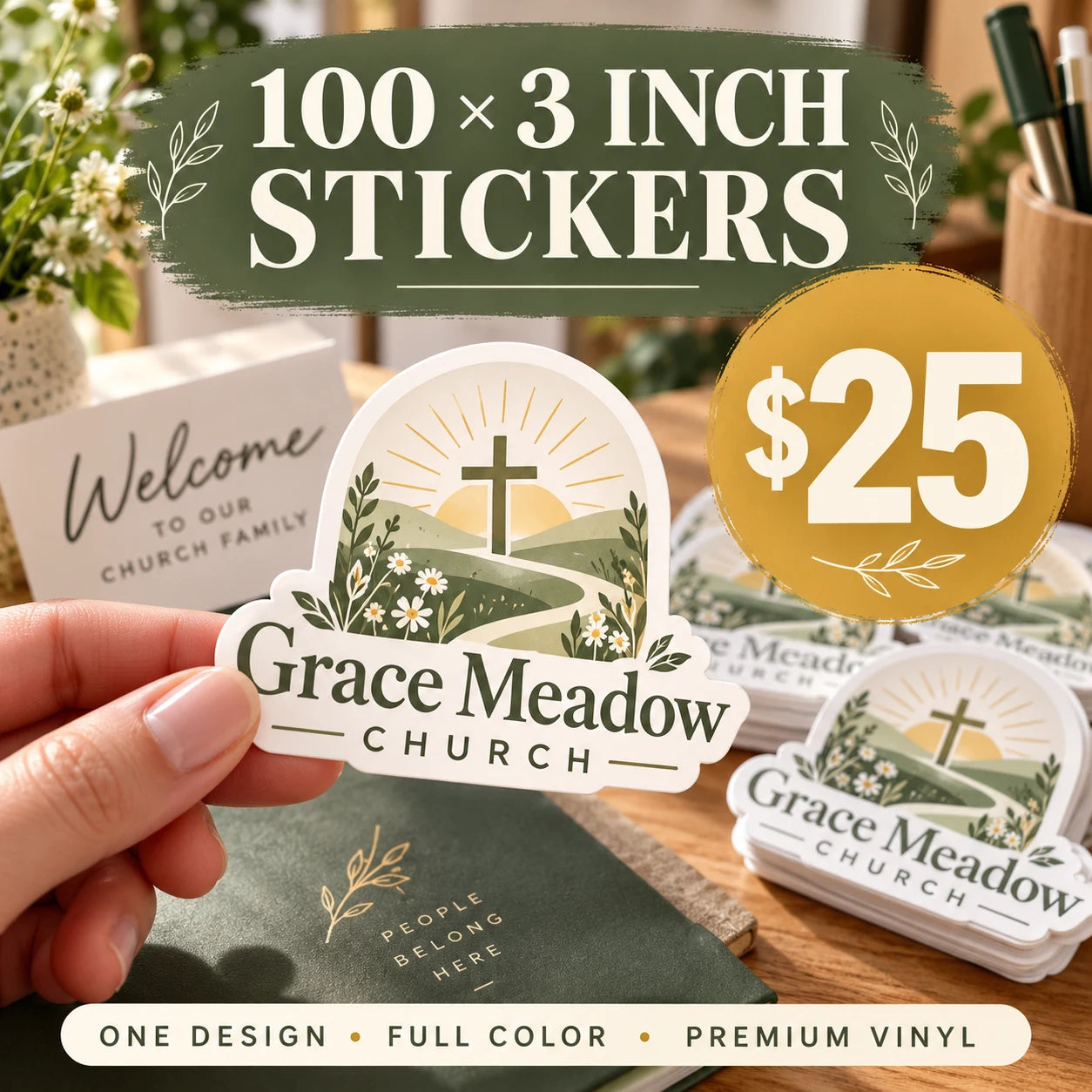 Grace Meadow Church fictional example: 100 custom 3 inch stickers for $25