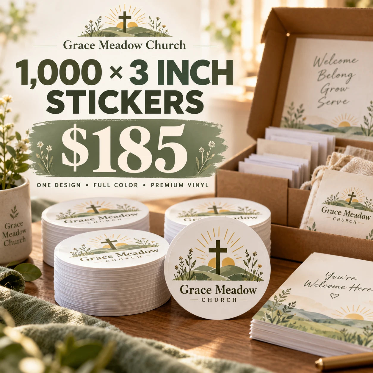 Grace Meadow Church fictional example: 1000 custom 3 inch stickers for $185