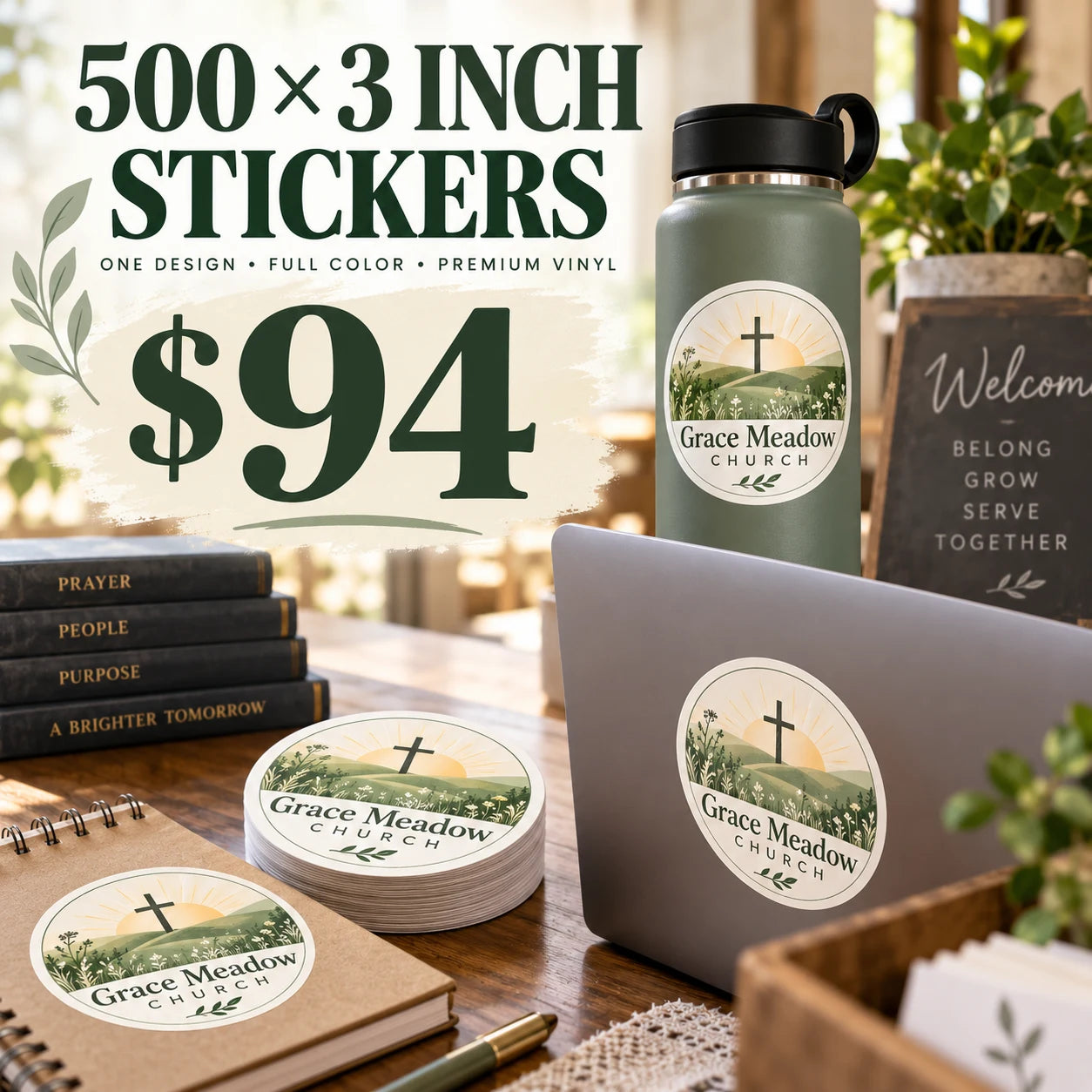 Grace Meadow Church fictional example: 500 custom 3 inch stickers for $94