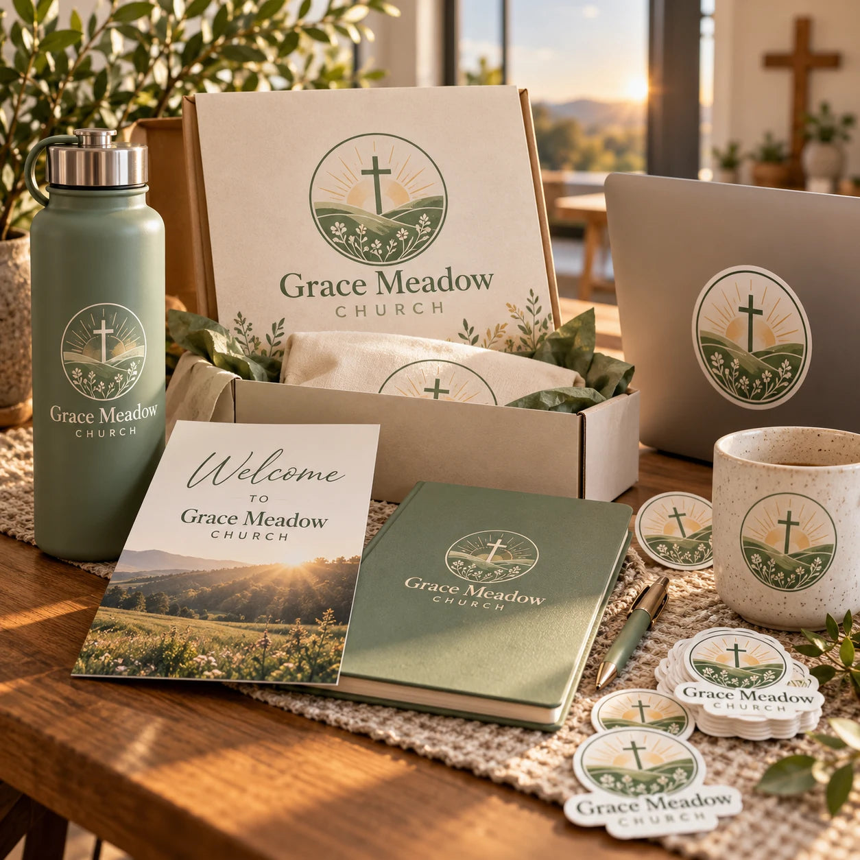 Grace Meadow Church fictional example storefront with custom lettering and stickers
